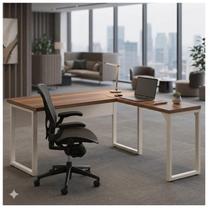 Mesa em L PÉ QUADRO (Mesa 1,50m + Mesa Auxiliar) - S/ Gavetas - WORKSTART - NOGAL SEVILHA/BRANCO - 34329