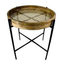 Mesa em madeira com ferro e vidro