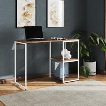 Mesa Escritório Berlim Industrial com Prateleira Ferro Branco Tampo 110x46 Amêndoa