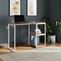 Mesa Escritório Berlim Industrial com Prateleira Ferro Branco Tampo 110x46 Freijó