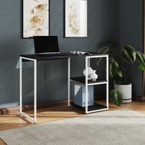 Mesa Escritório Berlim Industrial com Prateleira Ferro Branco Tampo 110x46 Preto Mesa Escritório Berlim Industrial com Prateleira Ferro Branco Tampo 110x46 Preto