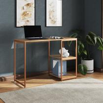 Mesa Escritório Berlim Industrial com Prateleira Ferro Cobre Tampo 110x46 Freijó