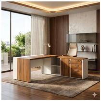 Mesa Escritório PRESIDENTE c/ Armário Pedestal - 1,82x1,80m - NOGAL SEVILHA/BRANCO - 34602