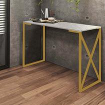 Mesa Escrivaninha Bex Industrial Escritório Ferro Dourado MDF Marmorizado Cinza - Ahazzo Móveis