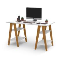 Mesa Escrivaninha Cavalete 1,35x0,66 Tampo 30mm 4 Prateleiras Branco Freijo