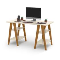 Mesa Escrivaninha Cavalete 1,35x0,66 Tampo 30mm 4 Prateleiras Off White Freijo