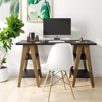 Mesa Escrivaninha Cavalete 1,35x0,66 Tampo 30mm 4 Prateleiras Pes Madeira Preto - Ofertamo