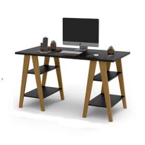Mesa Escrivaninha Cavalete 1,35x0,66 Tampo 30mm 4 Prateleiras Preto pés em madeira OFERTAMO