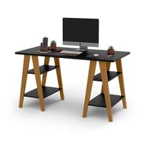 Mesa escrivaninha cavalete 1,35x0,66 tampo 30mm 4 prateleiras preto pes madeira