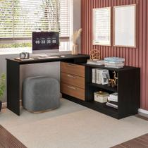 Mesa Escrivaninha com Cômoda Rocher 3 Gavetas 2 Nichos Preto/Freijó - Pnr Móveis