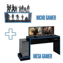 Mesa Escrivaninha Computador Pc Gamer Preto Azul Com Nicho Gamer