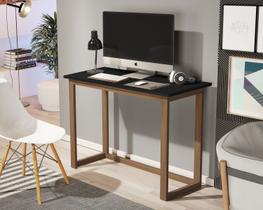 mesa estudo compacta para quarto preto com pés em madeira natural.