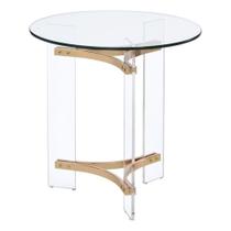 Mesa final Acme Sosi com tampo redondo de vidro temperado transparente/dourado