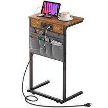 Mesa final em forma de C HOOBRO com estação de carregamento rústica marrom Mesa final em forma de C HOOBRO com estação de carregamento rústica marrom