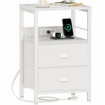 Mesa final Furologee com estação de carregamento, mesa de cabeceira com gavetas de tecido, mesas laterais com portas e tomadas USB, mesa de cabeceira com prateleira de armazenamento e ganchos, para sala de estar/quarto, branca