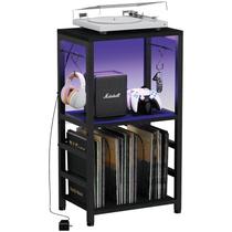 Mesa final YAKANJ com luz LED, suporte para toca-discos com armazenamento de álbuns, armazenamento de discos de vinil, mesa lateral com suporte giratório para sala de música, estúdio, sala de estar, quarto, preto moderno