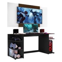 Mesa Gamer com Painel e Suporte TV 55" Guilda Multimóveis Preto/Branco/Madeirado