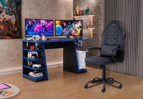 Mesa Gamer Escrivaninha Max Escritório Quarto Preto/Azul com Cadeira Gamer - Rede Móveis