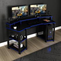 Mesa Gamer Escrivaninha Para Computador Home Office 3 Prateleiras Espaço CPU Quarto Preto e Azul - Tecno Mobili