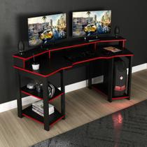 Mesa Gamer Escrivaninha Para Computador Home Office 3 Prateleiras Espaço CPU Quarto Preto e Vermelho