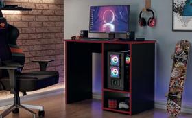 Mesa Gamer Escrivaninha Px para Computador com LED RGB, Preto e Vermelho, Suporte para PC e Acessórios