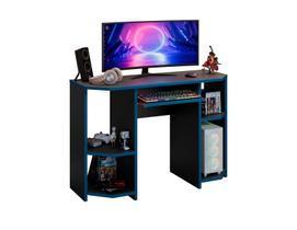 Mesa Gamer Preta com Borda Vermelha ou Azul Suporte p/ CPU, Nichos e Teclado Compacta e Moderna