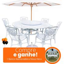 Mesa Giratória de Jardim 6 Cadeiras Alumínio Fundido Havana e Guarda Sol