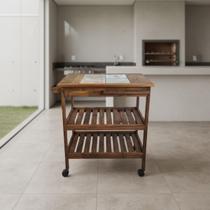 Mesa Gourmet Churrasco Carrinho Madeira Vintage Rodas Cerâmica Prateleira Gradeada Design Premium