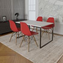 Mesa Industrial Base de Ferro Preto 137x90 Tampo Branco 4 Cadeiras Eiffel Madeira Assento Vermelho