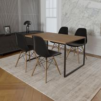 Mesa Industrial Base de Ferro Preto Tampo 137x90 Amêndoa 4 Cadeiras Eames Madeira Assento Preto