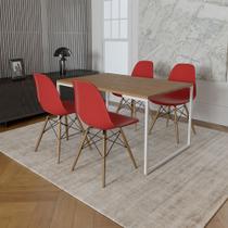 Mesa Industrial Base Ferro Branco 137x90 Tampo Amêndoa 4 Cadeiras Eiffel Madeira Assento Vermelho