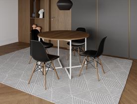 Mesa Industrial Base Ferro Branco em V Tampo 110cm Amêndoa 4 Cadeiras Eames Madeira Assento Preto Mesa Industrial Base Ferro Branco em V Tampo 110cm Amêndoa 4 Cadeiras Eames Madeira Assento Preto
