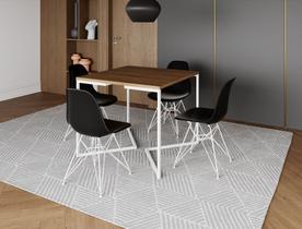 Mesa Industrial Base Ferro Branco em V Tampo 90x90 Amendoa 4 Cadeiras Eames Ferro Assento Preto