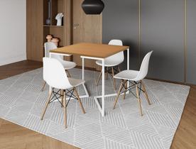 Mesa Industrial Base Ferro Branco em V Tampo 90x90 Canela 4 Cadeiras Eames Madeira Assento Branco Mesa Industrial Base Ferro Branco em V Tampo 90x90 Canela 4 Cadeiras Eames Madeira Assento Branco