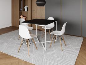 Mesa Industrial Base Ferro Branco em V Tampo 90x90 Preto 4 Cadeiras Eames Madeira Assento Branco Mesa Industrial Base Ferro Branco em V Tampo 90x90 Preto 4 Cadeiras Eames Madeira Assento Branco