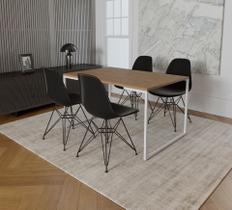 Mesa Industrial Base Ferro Branco Tampo 137x90 Amendoa 4 Cadeiras Eames Ferro Preto Assento Preto