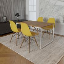Mesa Industrial Base Ferro Branco Tampo 137x90 Amêndoa 4 Cadeiras Eames Madeira Assento Amarelo