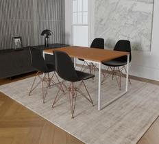 Mesa Industrial Base Ferro Branco Tampo 137x90 Canela 4 Cadeiras Eames Ferro Cobre Assento Preto