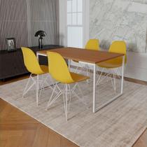 Mesa Industrial Base Ferro Branco Tampo 137X90 Canela 4 Cadeiras Ferro Branco Assento Amarelo Marrom Mesa Industrial Base Ferro Branco Tampo 137X90 Canela 4 Cadeiras Ferro Branco Assento Amarelo Marrom