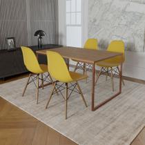 Mesa Industrial Base Ferro Cobre Tampo 137x90 Amêndoa 4 Cadeiras Eames Madeira Assento Amarelo