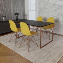 Mesa Industrial Base Ferro Cobre Tampo 137X90 Preto 4 Cadeiras Ferro Cobre Assento Amarelo Preto