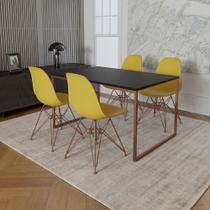 Mesa Industrial Base Ferro Cobre Tampo 137x90 Preto 4 Cadeiras Ferro Cobre Assento Amarelo