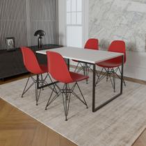 Mesa Industrial Base Ferro Preto 137x90 Tampo Branco 4 Cadeiras Eiffel Ferro Preto Assento Vermelho