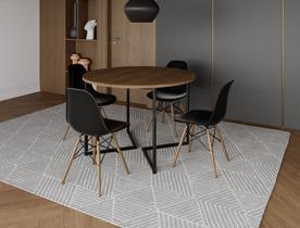 Mesa Industrial Base Ferro Preto em V Tampo 110cm Amendoa 4 Cadeiras Eames Madeira Assento Preto