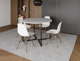 Mesa Industrial Base Ferro Preto em V Tampo 110cm Branco 4 Cadeiras Eames Madeira Assento Branco