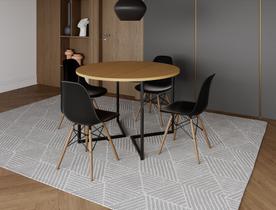 Mesa Industrial Base Ferro Preto em V Tampo 110cm Canela 4 Cadeiras Eames Madeira Assento Preto