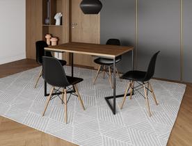 Mesa Industrial Base Ferro Preto em V Tampo 137x90 Amêndoa 4 Cadeiras Eames Madeira Assento Preto