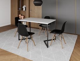 Mesa Industrial Base Ferro Preto em V Tampo 137x90 Branco 4 Cadeiras Eames Madeira Assento Preto