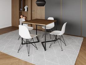 Mesa Industrial Base Ferro Preto em V Tampo 90x90 Amendoa 4 Cadeiras Eames Ferro Assento Branco