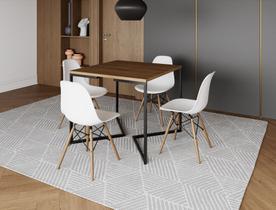 Mesa Industrial Base Ferro Preto em V Tampo 90x90 Amêndoa 4 Cadeiras Eames Madeira Assento Branco Mesa Industrial Base Ferro Preto em V Tampo 90x90 Amêndoa 4 Cadeiras Eames Madeira Assento Branco